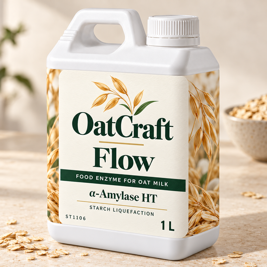 OatCraft flow 1 L white jerry can with premium cream food-enzyme label for café production