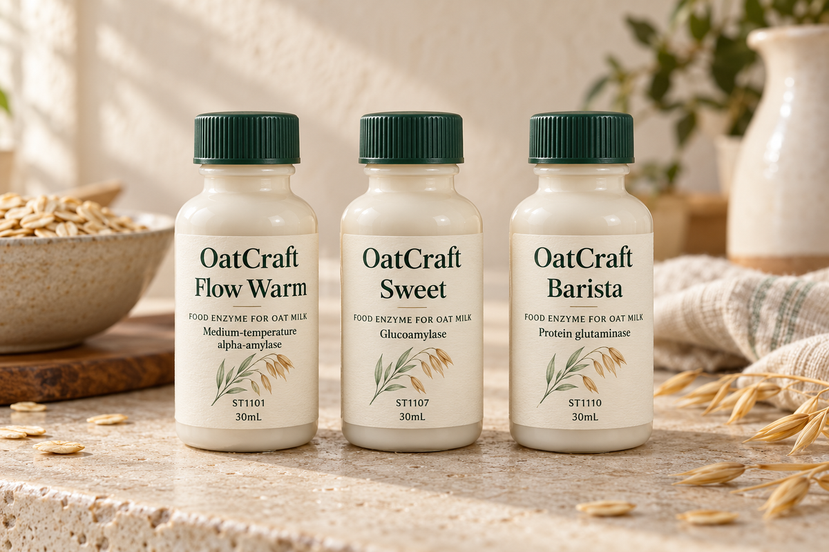 OatCraft Coffee Trio: three ivory 30 mL food-enzyme bottles, Flow Warm, Sweet and Barista, with forest-green caps