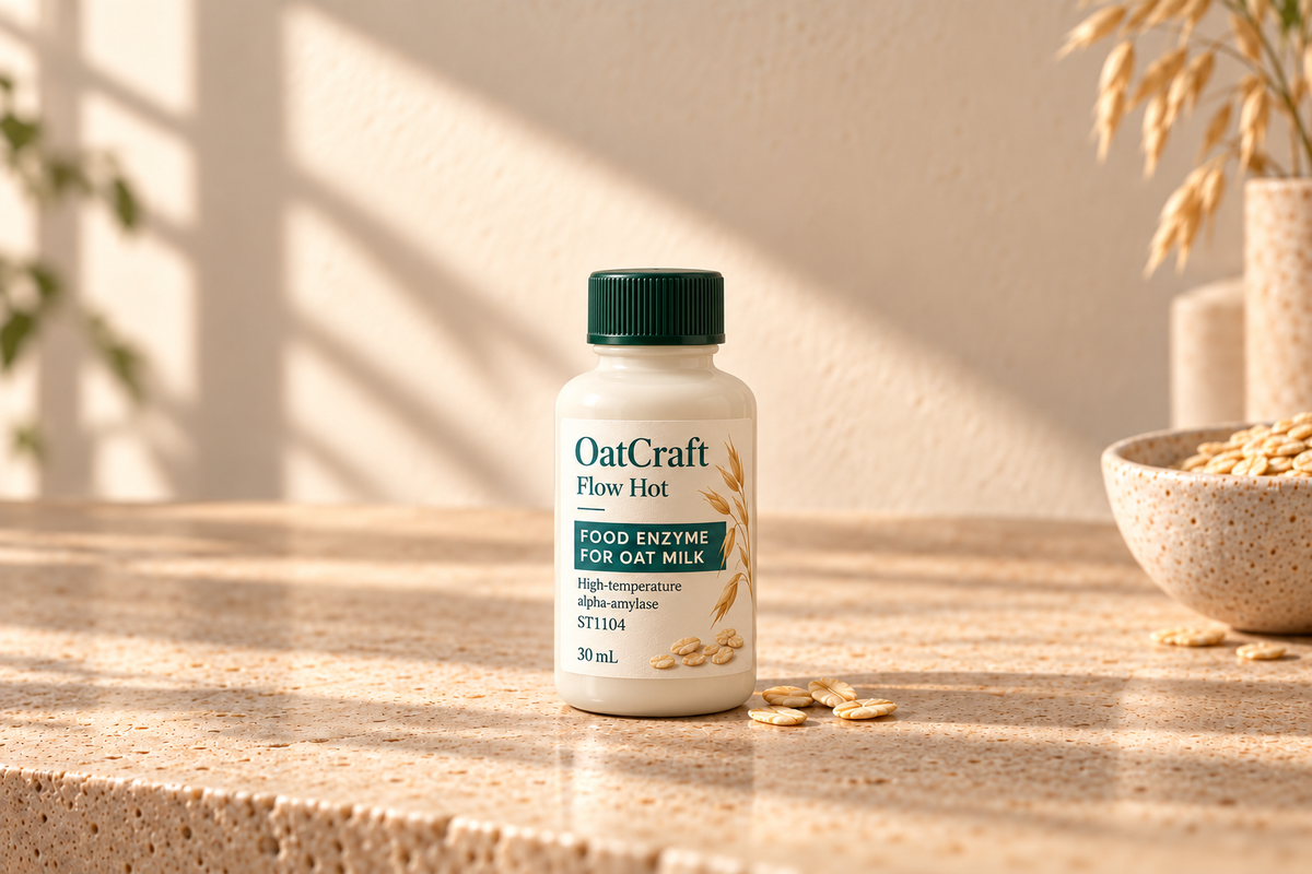 OatCraft Flow Hot single ivory 30 mL food-enzyme bottle with forest-green cap on a warm kitchen counter