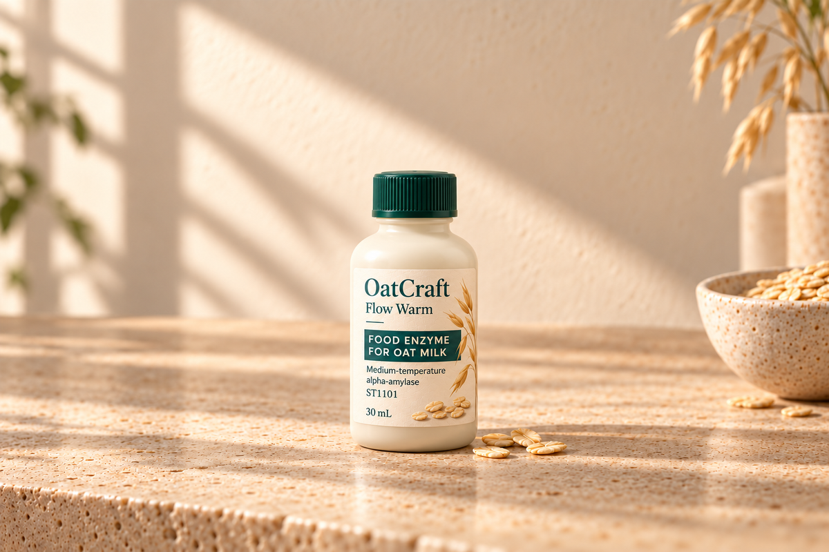 OatCraft Flow Warm single ivory 30 mL food-enzyme bottle with forest-green cap on a warm kitchen counter