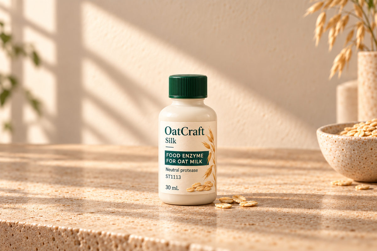 OatCraft Silk single ivory 30 mL food-enzyme bottle with forest-green cap on a warm kitchen counter