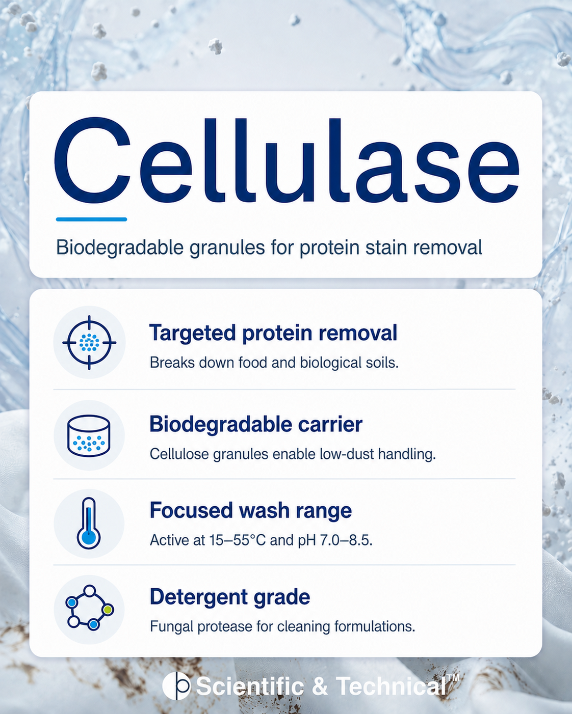 Protease (cellulose granulate) product features and specifications