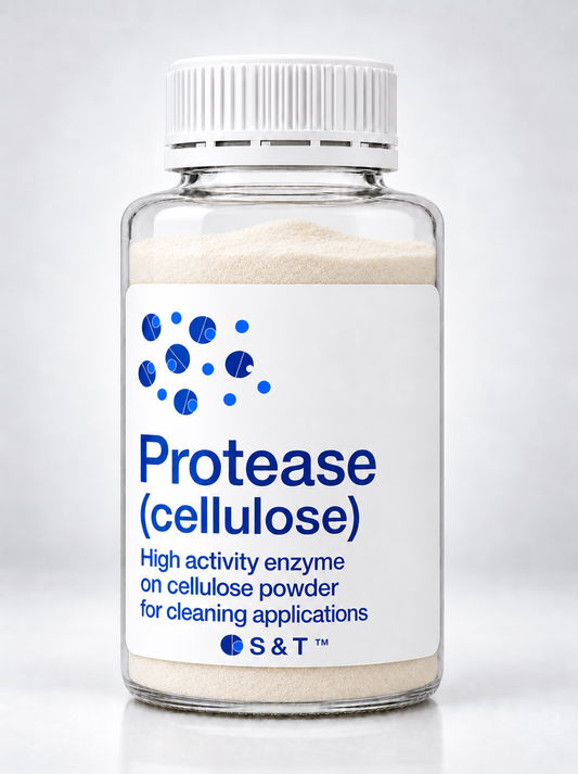 Protease (cellulose powder) bottle containing fine enzyme powder