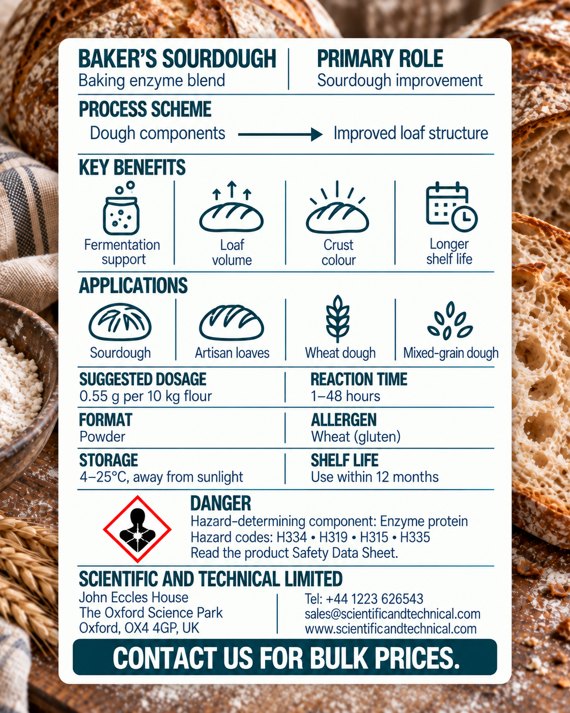 Baker's Sour Dough Enzymes back card: baking benefits, dosage, storage and safety