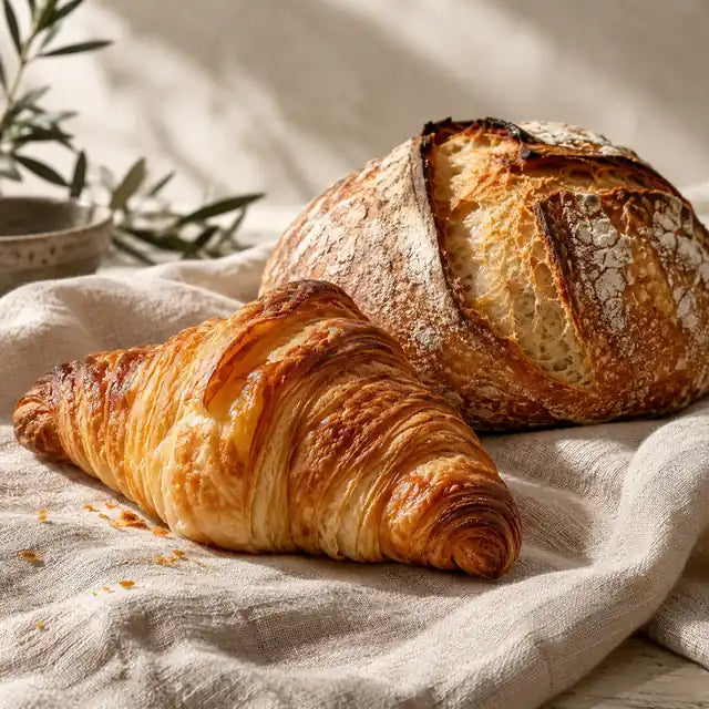Golden artisan croissant and sourdough bread