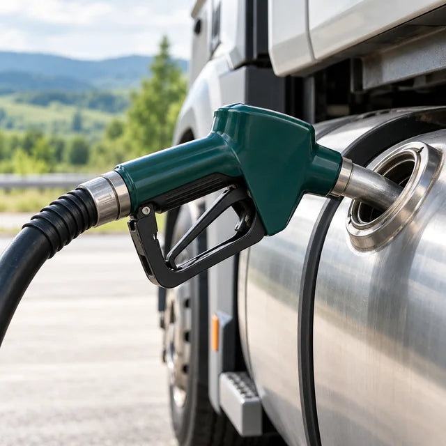Teal fuel nozzle filling a clean silver commercial vehicle tank