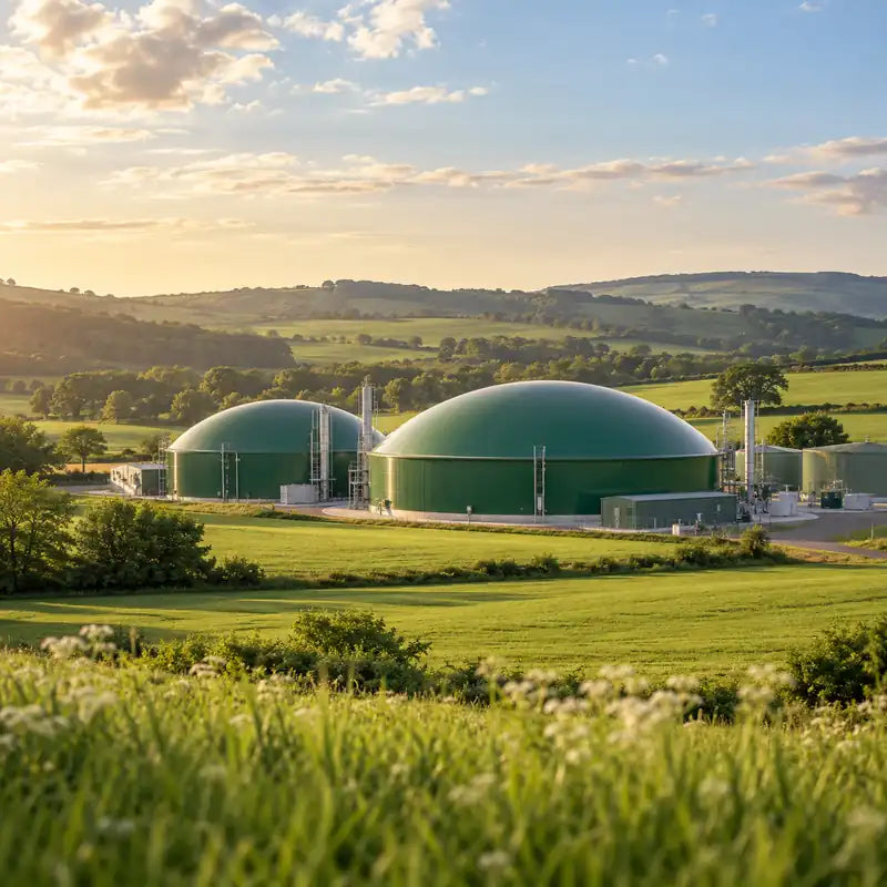 Anaerobic digestion domes in green countryside
