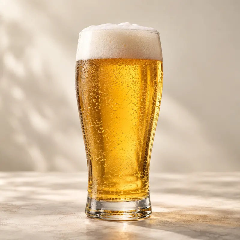 Golden lager with bubbles and a fine foam head