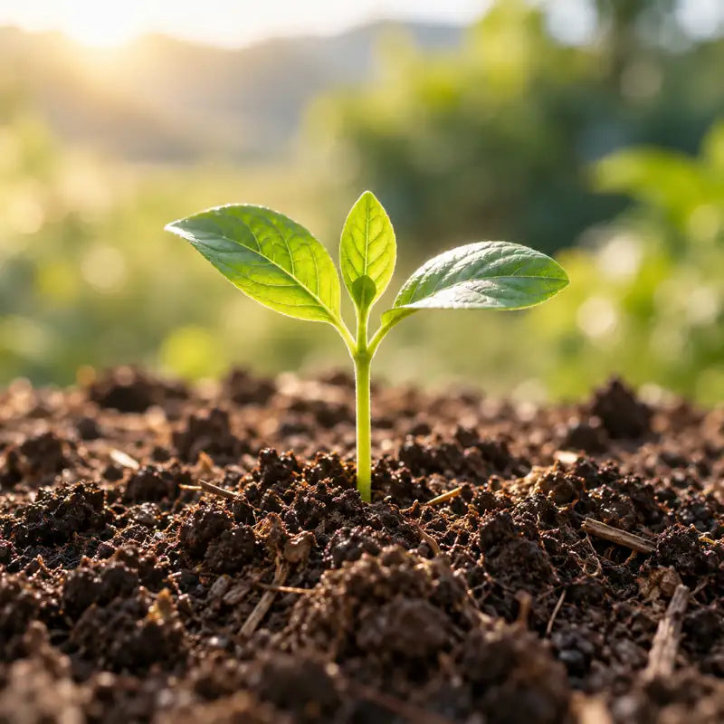 Green seedling growing in mature compost