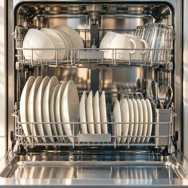 Pristine porcelain plates in a dishwasher