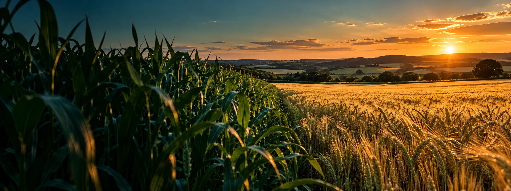 Golden wheat and maize crops in sunlit countryside