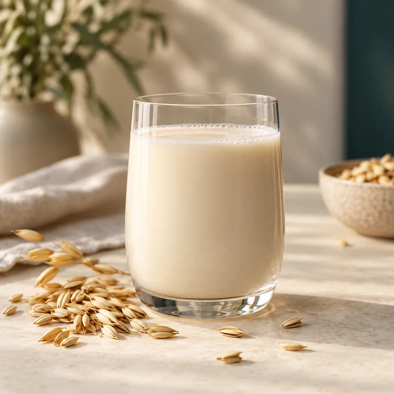 Creamy oat milk beside oat grains