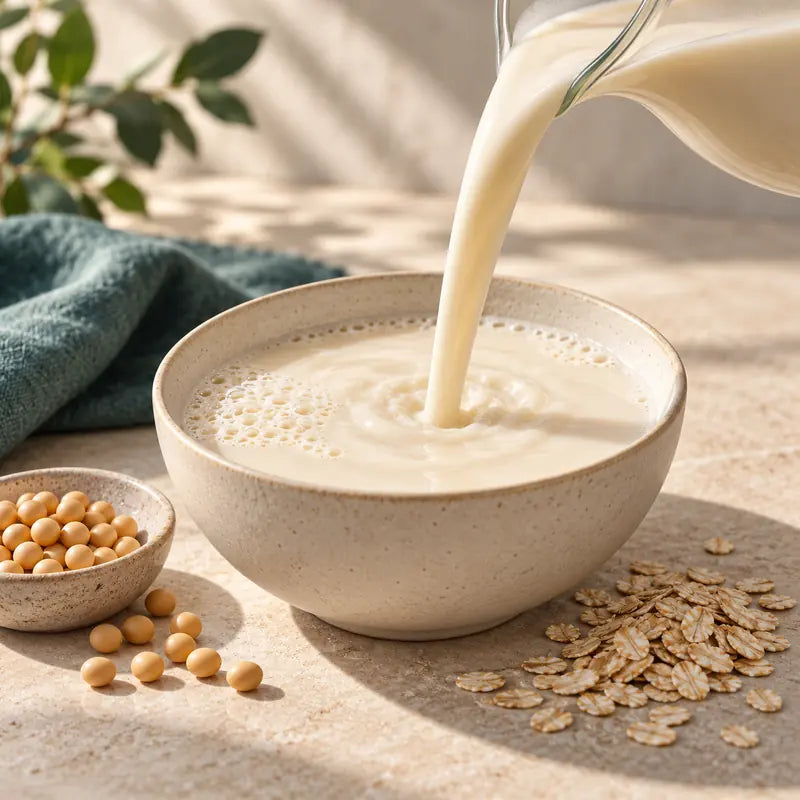 Silky plant protein drink pouring into a ceramic bowl