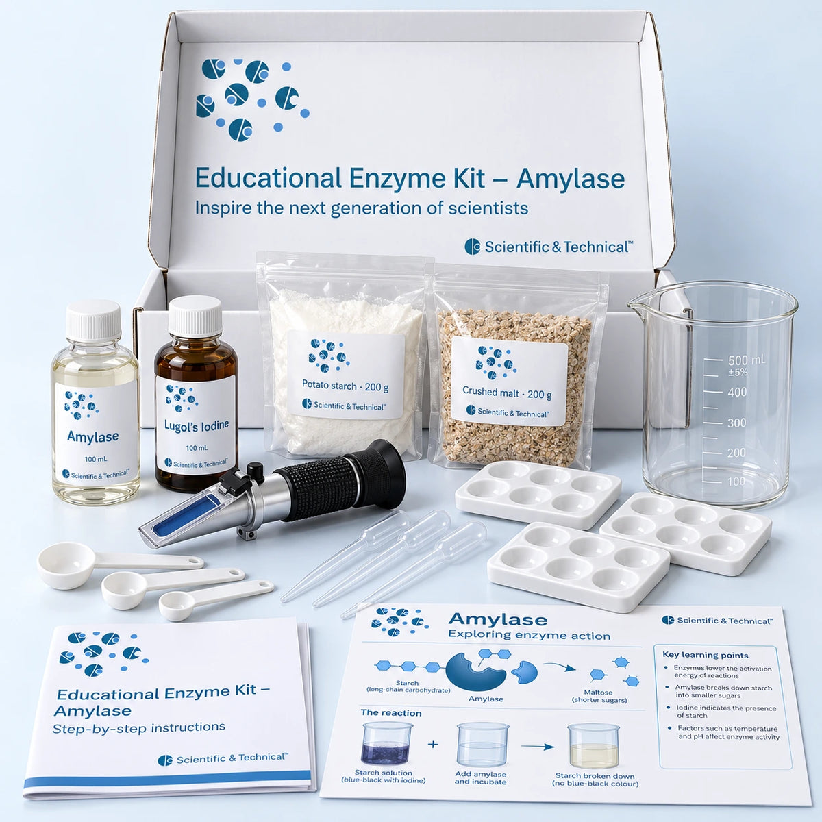 S&T boxed amylase education kit with amylase, iodine, potato starch, crushed malt, refractometer, beaker, pipettes, spoons, sampling trays and teaching materials