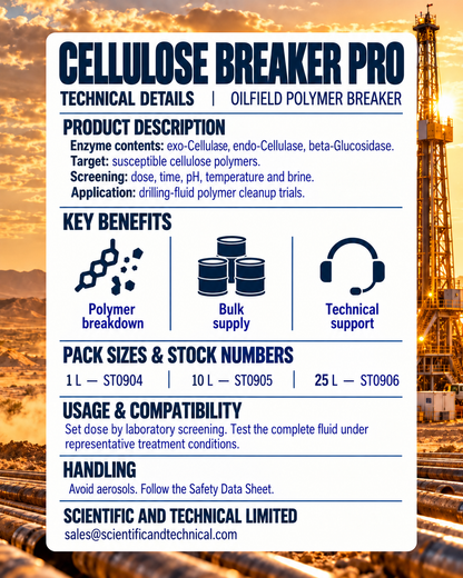 Cellulose Breaker Pro — enzyme components, 1 L, 10 L and 25 L packs and unique ST stock numbers