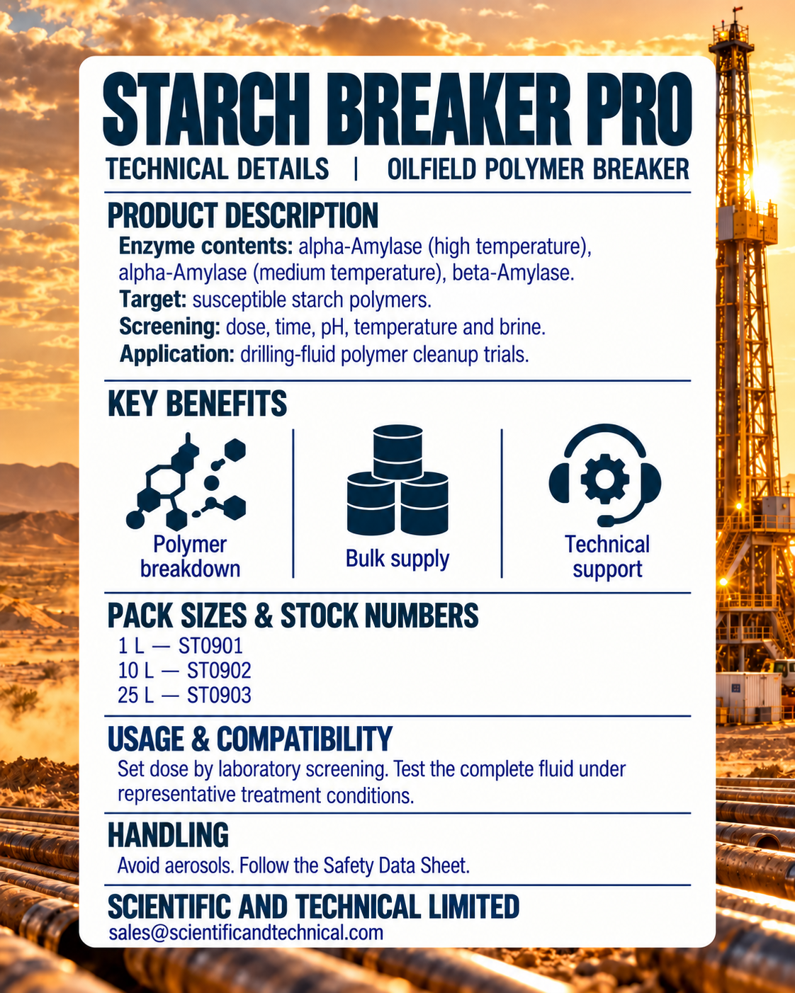 Starch Breaker Pro — enzyme components, 1 L, 10 L and 25 L packs and unique ST stock numbers