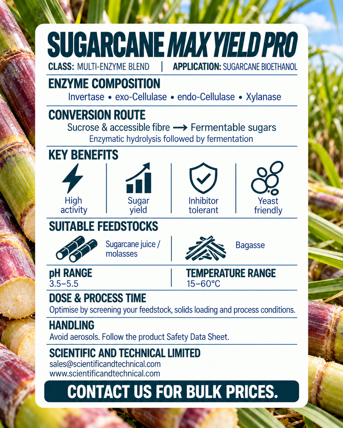 SUGARCANE Max Yield Pro enzyme composition and technical information
