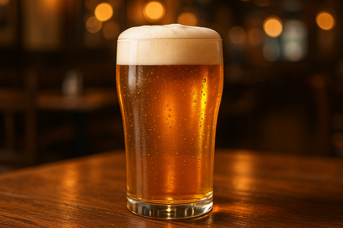 the perfect beer on a pub table with bright lights