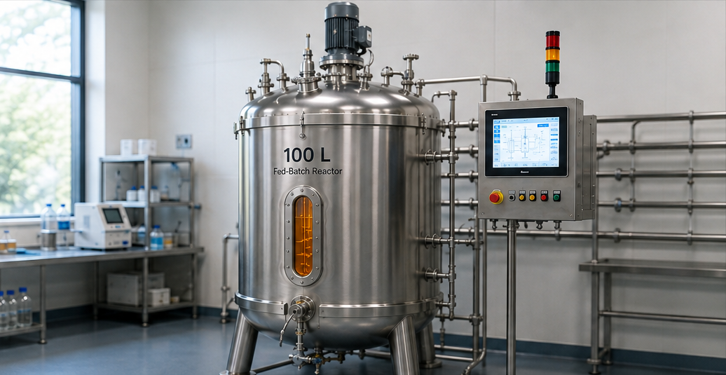 100 litre fed-batch stainless steel fermentation reactor in a biotechnology facility