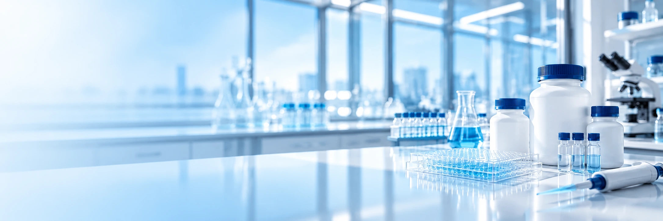 Blue enzyme bottles, pipette and microplate in a research laboratory