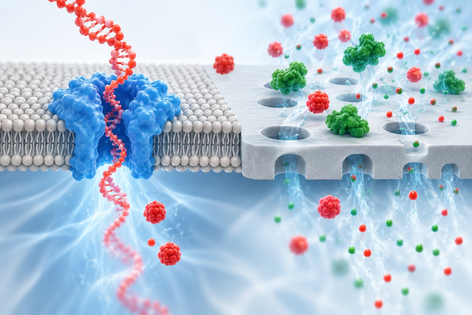Conceptual illustration for Nanopores: synergy from DNA sequencing to industrial filtration – small holes with big impact