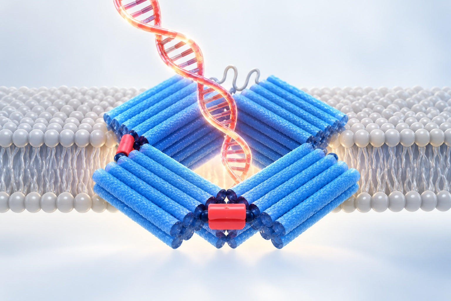 Conceptual illustration for Multi‐Stimuli‐Responsive and Mechano‐Actuated Biomimetic Membrane Nanopores Self‐Assembled from DNA