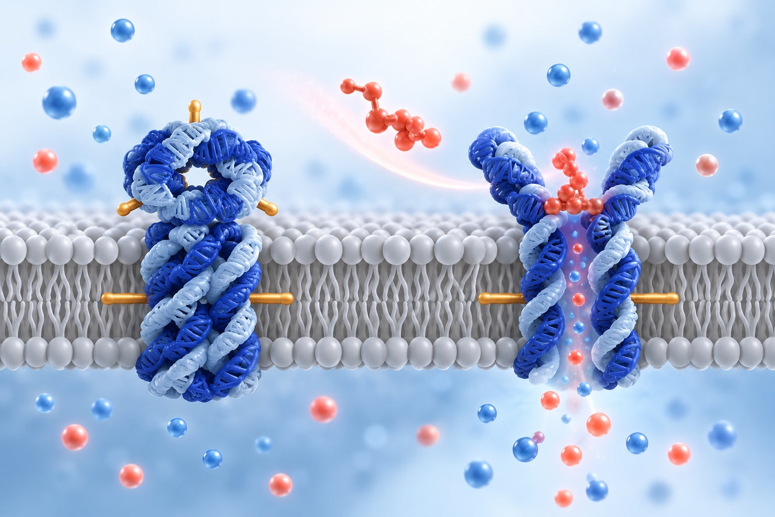 Conceptual illustration for A biomimetic DNA-based channel for the ligand-controlled transport of charged molecular cargo across a biological membrane.