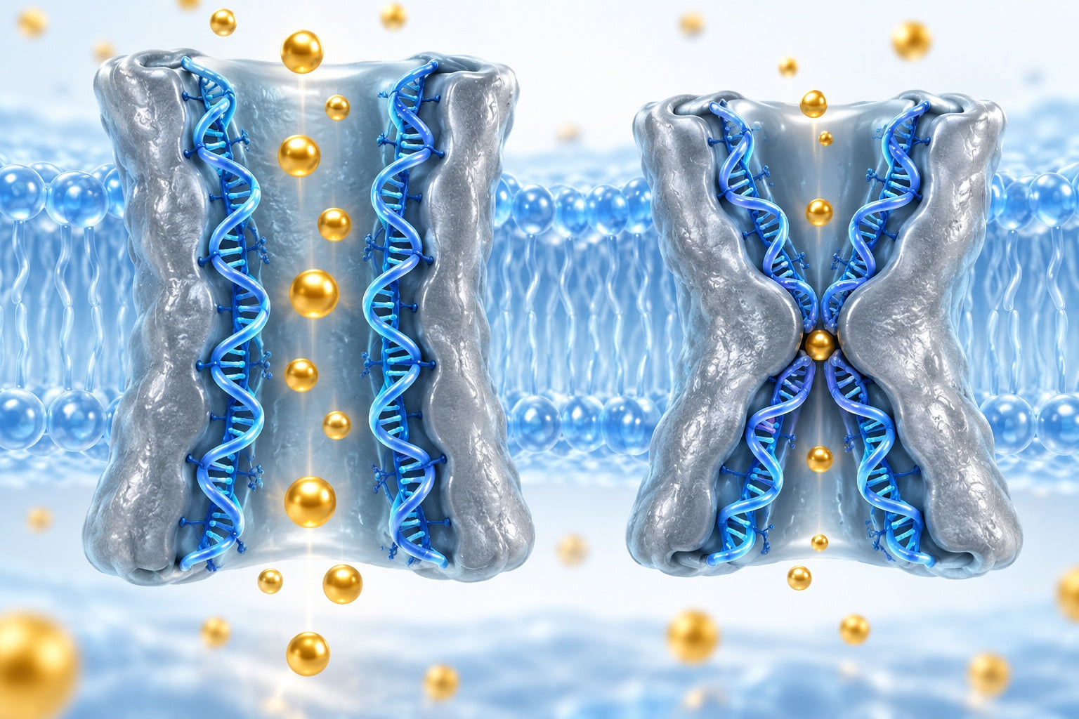 Conceptual illustration for DNA-modified polymer pores allow pH- and voltage-gated control of channel flux.