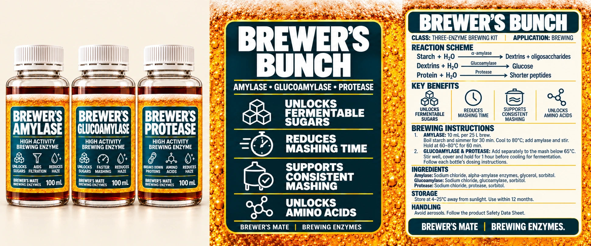 Brewer's Bunch (includes Amylase, Glucoamylase & Protease) · Brewer’s Mate 100 mL bottle and product cards