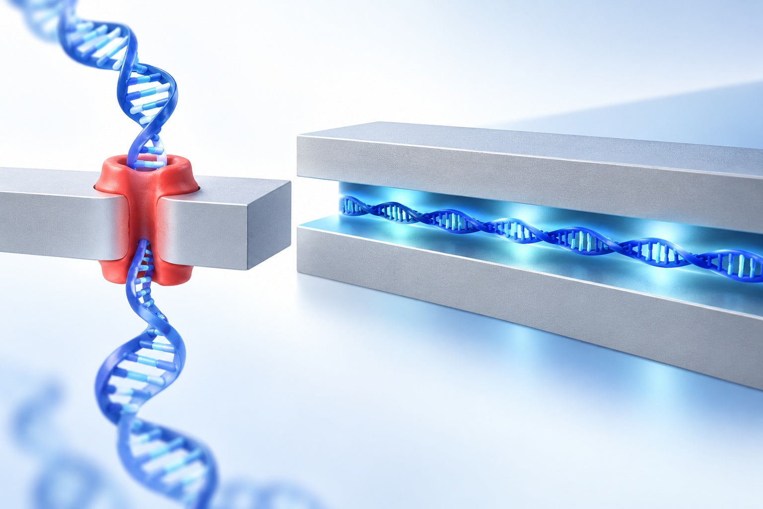 Conceptual illustration for Nanopores and Nanochannels: From Gene Sequencing to Genome Mapping.