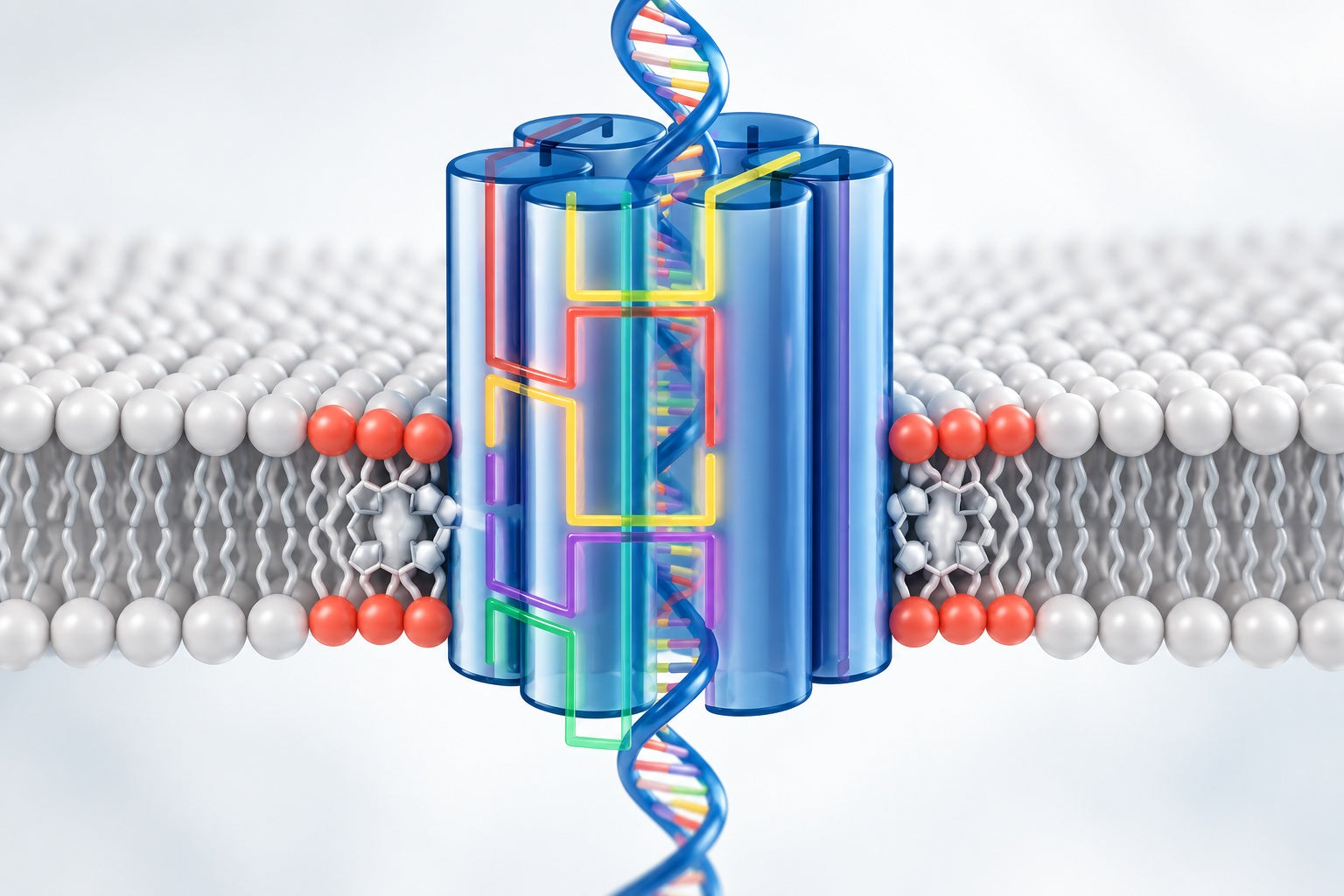 Conceptual illustration for Bilayer-spanning DNA nanopores with voltage-switching between open and closed state.